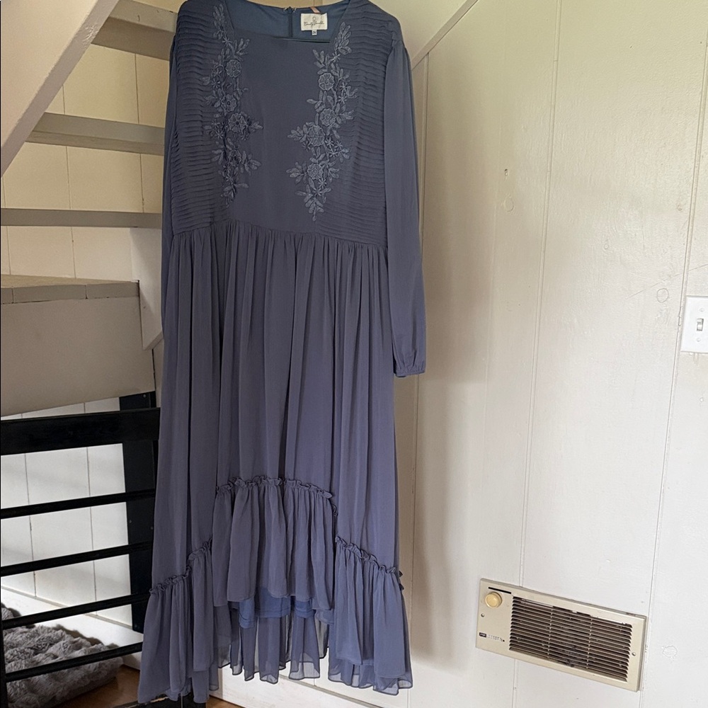 Embroidered Long Sleeve Midi Dress - Slate Blue
